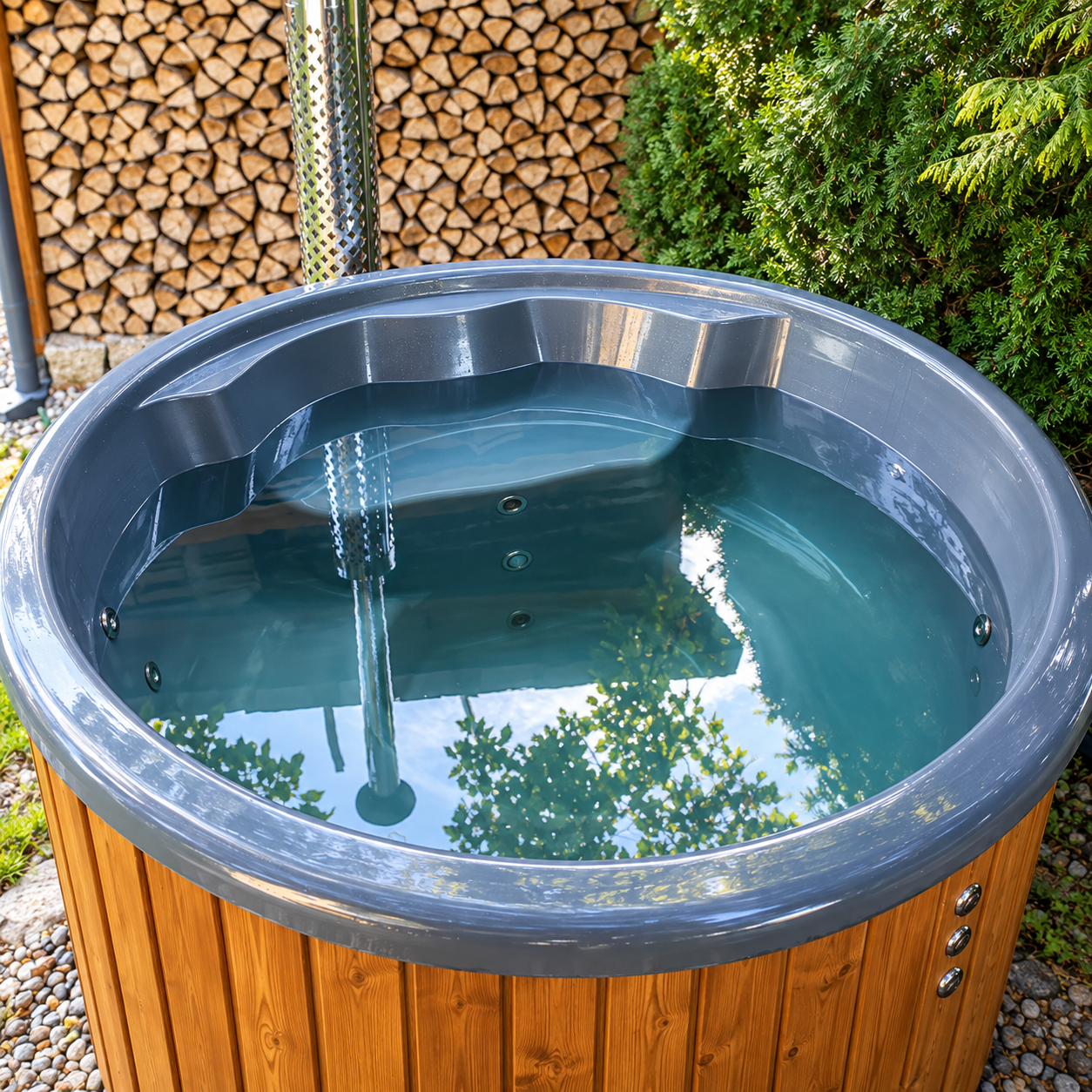 Antracytowe wnętrze balii ogrodowej z hydromasażem